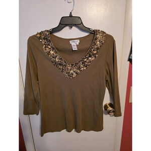 Coldwater Creek Brown Sequin Metallic Top V-Neck Size Medium-3/4 Sleeve
